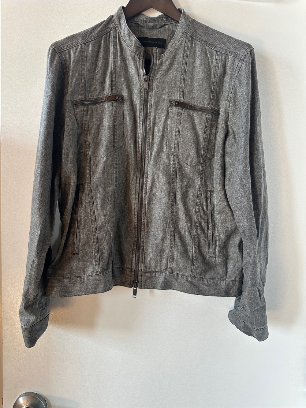 John Varvatos Star USA Coated Linen Racer Jacket Stone Grey Full Zip M